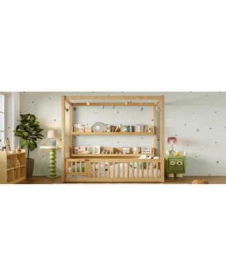 Twin Size Solid Wood Montessori Floor Bed Frame with Guardrails & Shelves