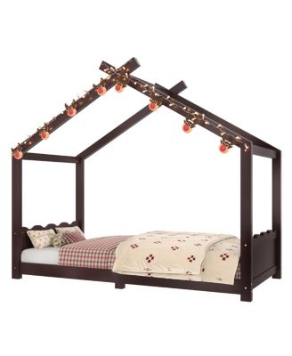 Twin House Floor Bed with Slats, Solid Wood House Bed Frame for Kids