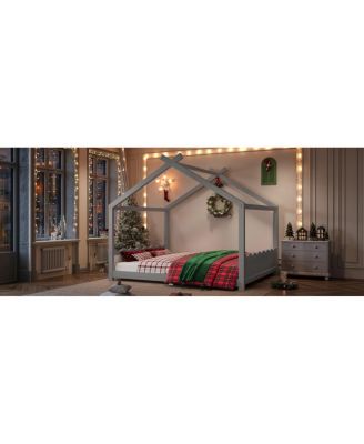 Queen House Floor Bed with Slats, Solid Wood Frame for Kids