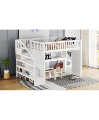 Full Size Loft Bed with Desk and Storage Stairs