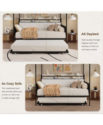 Twin Daybed with Trundle - Heavy-Duty Metal Frame with Guardrails, White