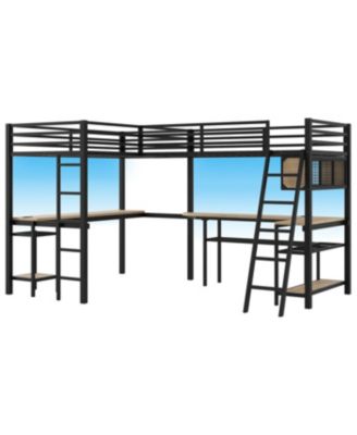 Metal L-Shaped Loft Bed with LED, Storage, 2 Desks & Charging Stations