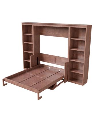 Full Size Murphy Bed with Desk and Bookshelf, Dark Brown