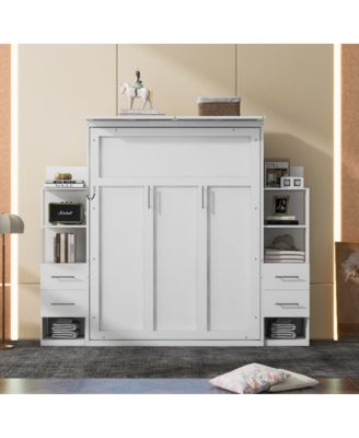 Queen Size Murphy Bed Wall Bed with Shelves, Drawers and LED Lights