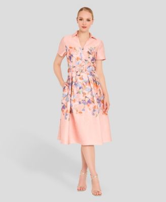 Women's Short-Sleeve Floral Belted Midi Dress