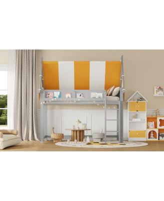 Twin Size Loft Bed with Canopy, LED Lights & Book Shelf