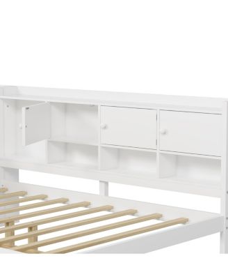  Wooden L-Shape Daybed with 7 Cabinets, 2 Drawers, Desk & Bookshelf, White