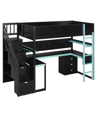 Twin Gaming Loft Bed with Storage Stairs, Desk, Shelves & Pegboard