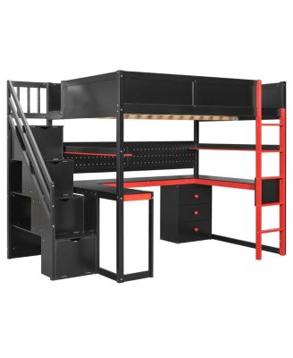 Full Size Wooden Gaming Loft Bed with Storage Stairs, Desk, Shelves & Pegboard
