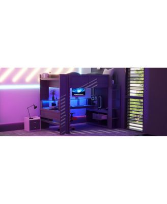 Wood Gaming Loft Bed with Desk, Storage, LED & Charging Station