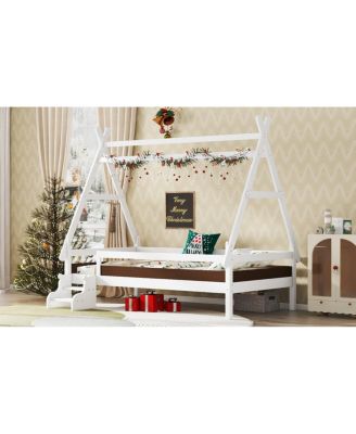  Twin House Platform Bed with Stairs, Solid Wood