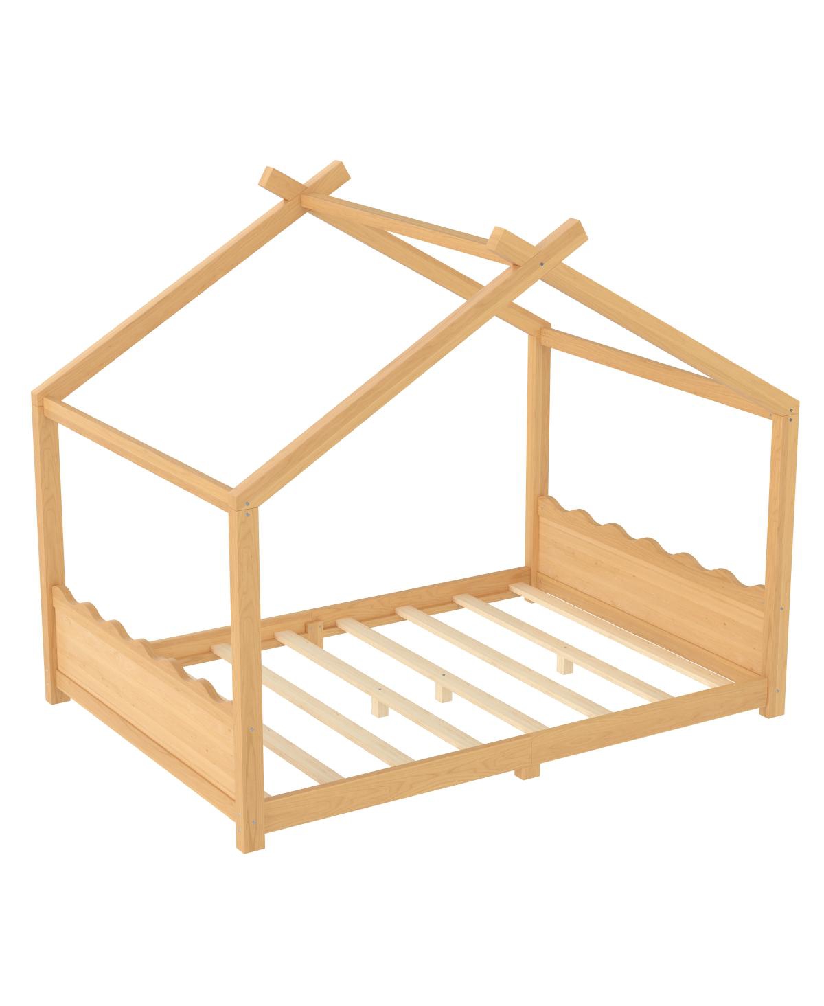 Streamdale Furniture Full House Floor Bed with Support Slats, Solid Wood House Bed Frame for Kids