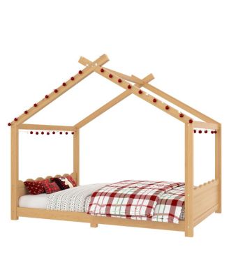 Full House Floor Bed with Support Slats, Solid Wood House Bed Frame for Kids