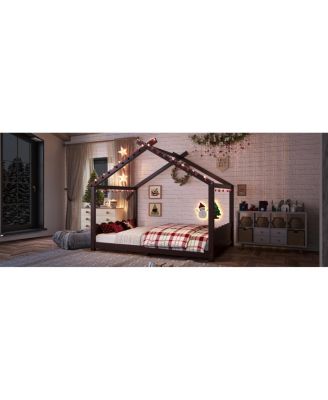  Full House Floor Bed with Support Slats, Solid Wood House Bed Frame for Kids, Espresso