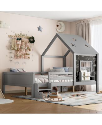 Full House Beds with Low-Profile Stairs, Window, Bookcase, Blackboard, Star Roof, Gray