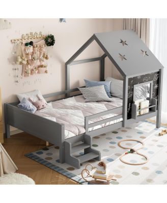 Full House Beds with Low-Profile Stairs, Window, Bookcase, Blackboard, Star Roof, Gray