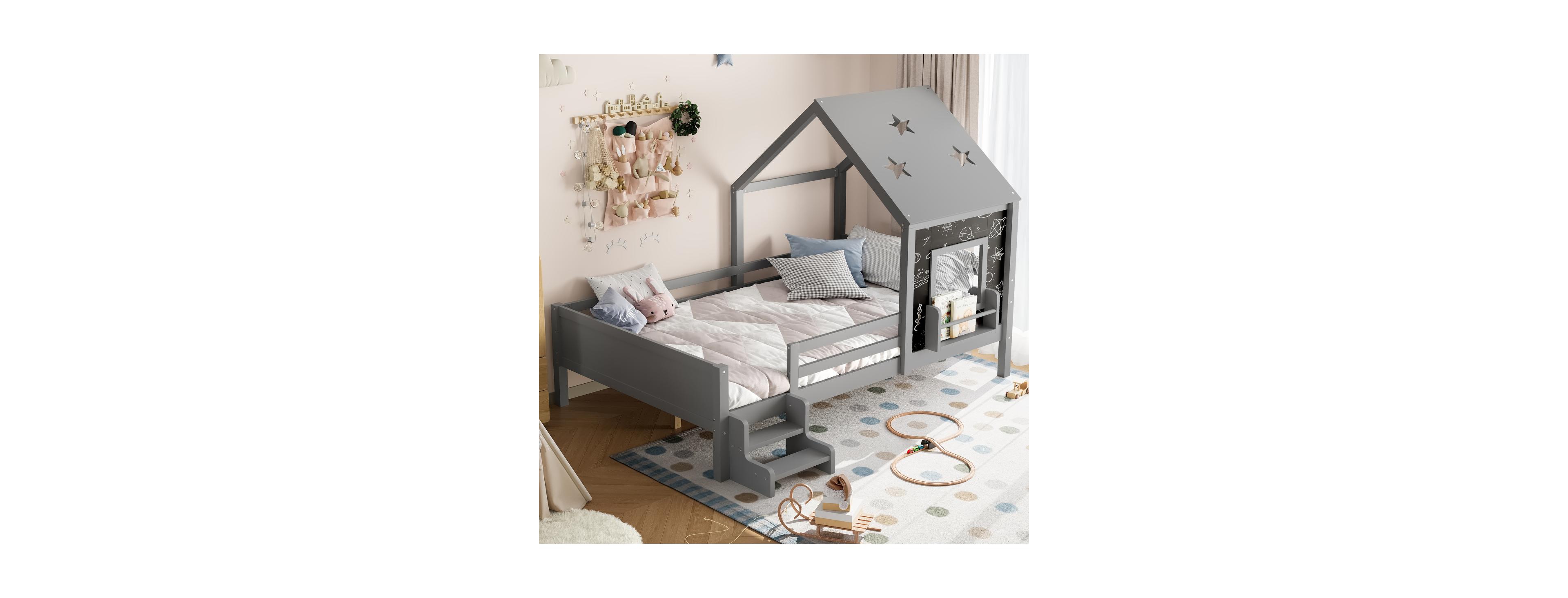 Streamdale Furniture Full House Beds with Low-Profile Stairs, Window, Bookcase, Blackboard, Star Roof, Gray