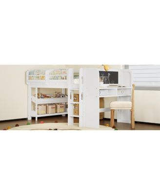 Twin Loft Bed with Storage, Desk & Blackboard, White