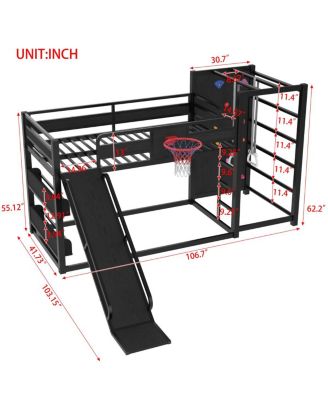 metal loft bed with basketball hoop, rings, climbing wall, slide, bookshelves
