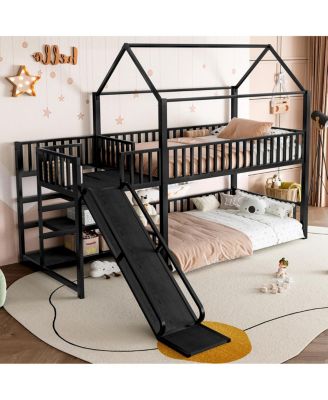 Twin metal House Bunk Bed with Storage Stairs, Slide, Safety Rails