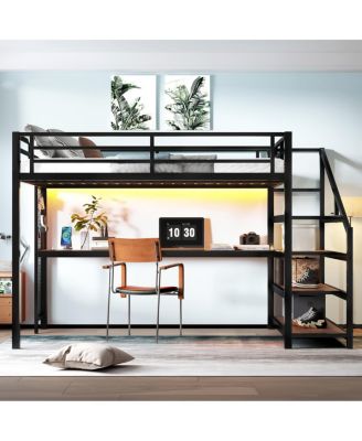 Streamdale Queen Loft Bed with Desk and Storage Stairs, Metal Loft Bed with LED Lights & USB Ports, Black