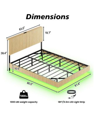 Oak Queen Floating Bed with Charging Station & LED Lights