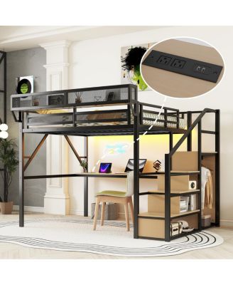 Streamdale Queen Loft Bed with Desk, Stairs, Charging Station & Light, Black