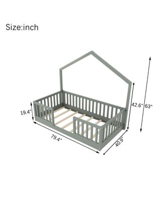  Twin Floor Bed with High Rails, Montessori Wooden Bed with Light, Gray