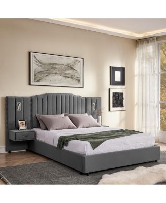 Velvet Upholstered Bed Frame with Vertical Stripes