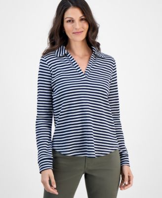Women's Striped Waffle-Knit Collared Top