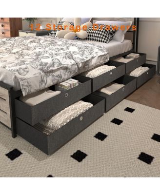 Queen-size bed frame with storage headboard, 12 drawers, LED lights