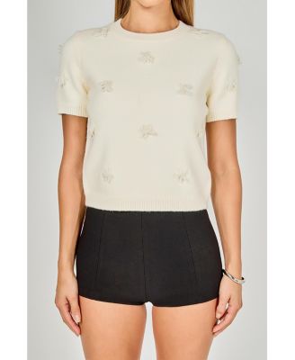 Women's Pearl Trim Short Sleeve Sweater