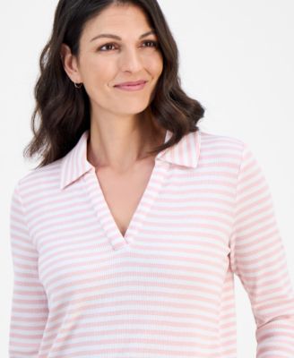Women's Striped Waffle-Knit Collared Top