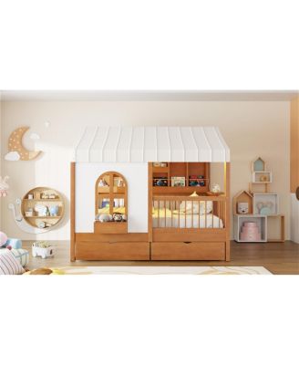 Streamdale Full Size House Bed with 2 Large Drawers, Side Bookshelf with LED Strip, Walnut