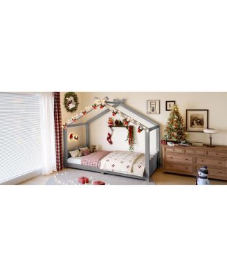 Twin House Floor Bed with Slats, Solid Wood House Bed Frame for Kids, Gray