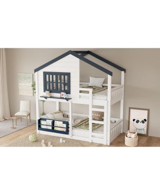 Twin Bunk/Loft Bed with Bookshelf, House Design, Safety Fencing, White & Blue