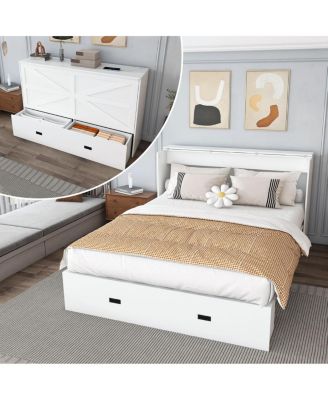 Murphy Bed with Storage, Charging Cabinet, Foldable Panels, Swivel Wheels