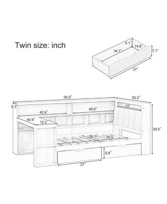 Twin L-shaped Wooden Daybed with Desk & Storage Bookcase, White