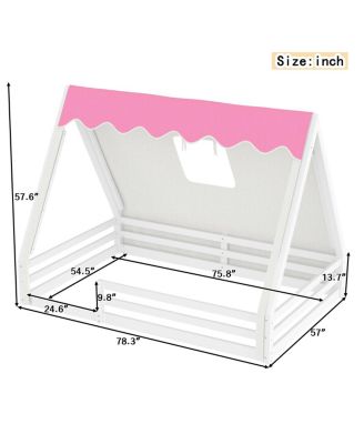 Full Size House Floor Bed with Tent and Light, Solid Wood Teepee Design
