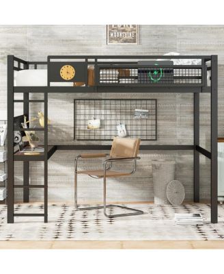 Queen Size Loft Bed Frame with Desk and Storage