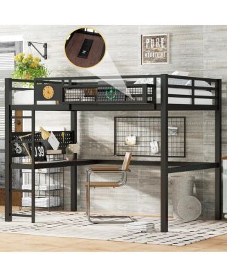 Queen Size Loft Bed Frame with Desk and Storage