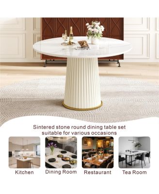  Modern 43.3" Round Dining Table, Glossy Sintered Stone Top, PU Leather Pedestal