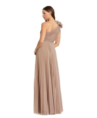 Petite Pleated Metallic One Shoulder Gown With Ruffle