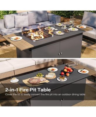 Propane Fire Pit Table 64 Inch with Lid, 55, 000 BTU Gas Fire Pits for Outside Patio with Glass Wind Guard, Gray Glass Beads