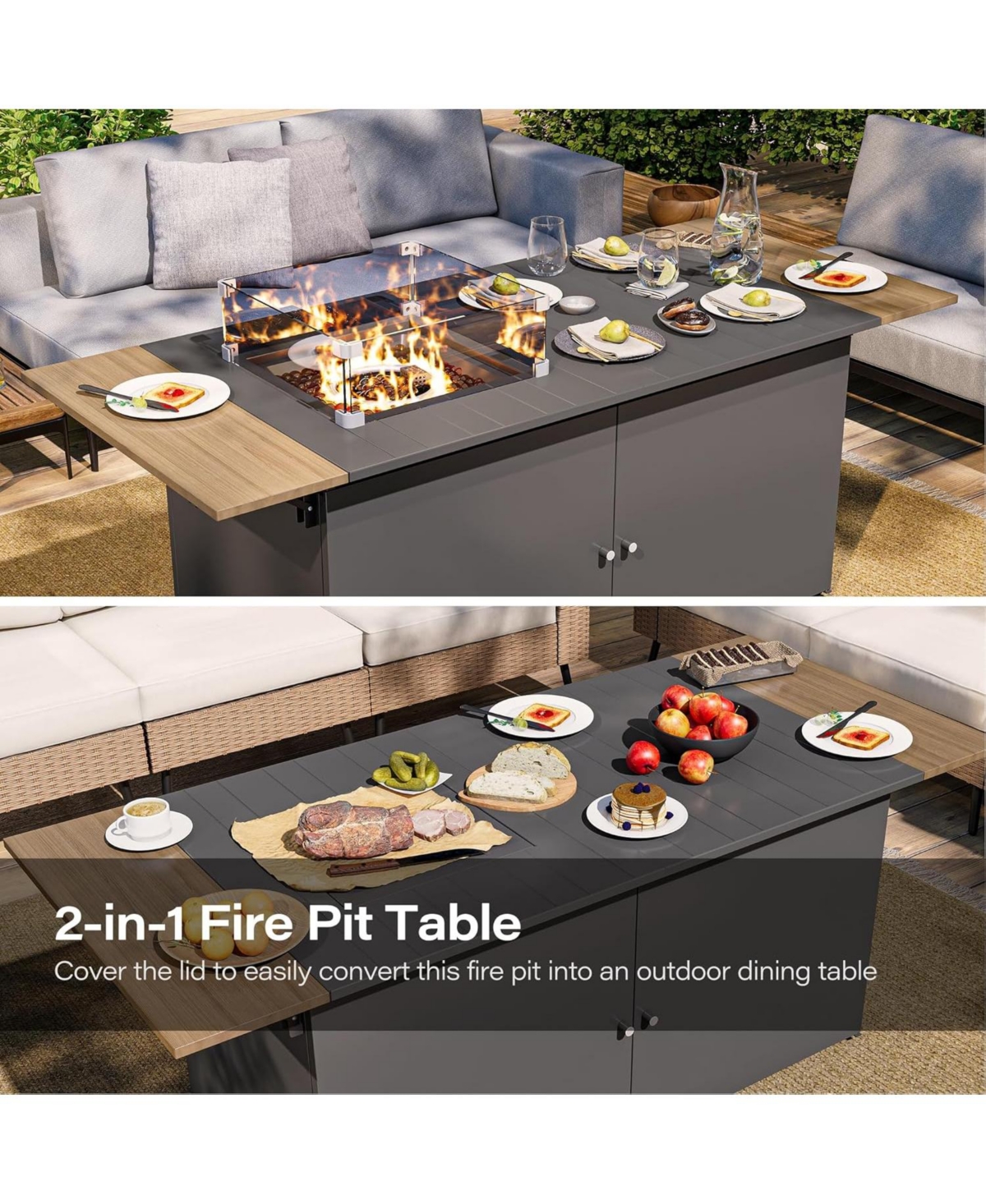 Decksplore Propane Fire Pit Table 64 Inch with Lid, 55, 000 Btu Gas Fire Pits for Outside Patio with Glass Wind Guard, Gray Glass Beads