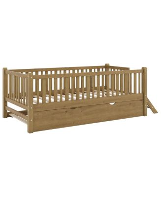 Wood Twin Size Platform Bed with Guardrail and Trundle