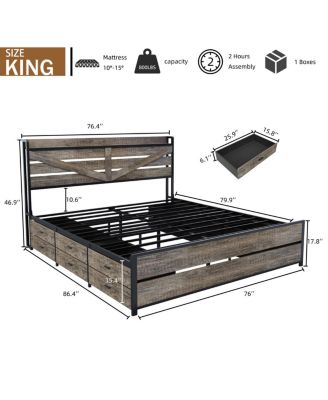 King bed frame with storage headboard and 12 drawers, metal platform foundation
