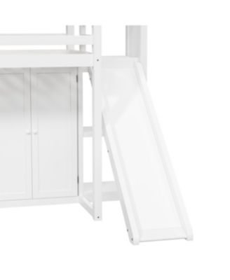Wood Twin Size Loft Bed with Wardrobe, Storage Shelves, Slide and LED