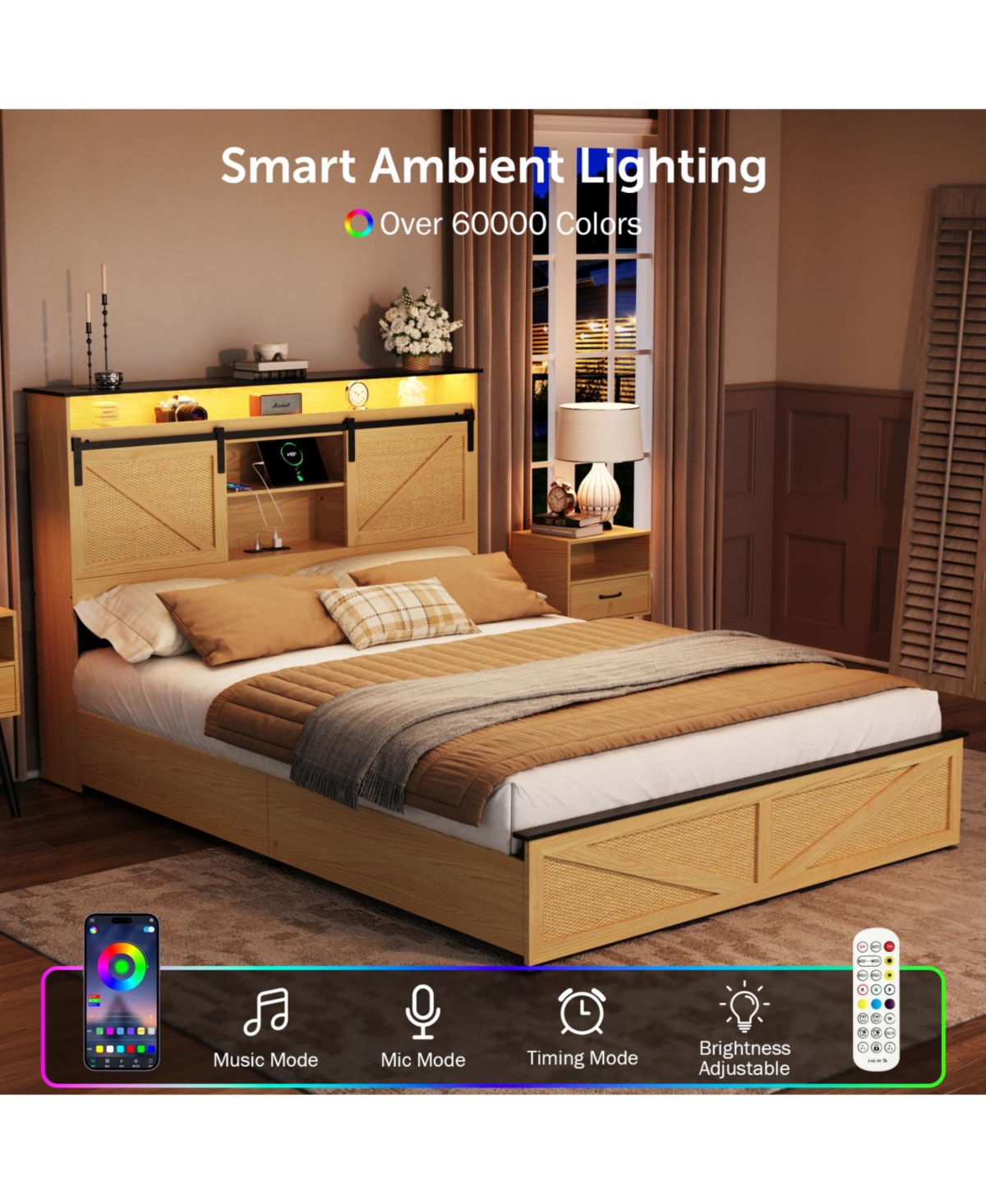 Streamdale Furniture Farmhouse Queen Storage Bed Frame with Headboard, Drawers, Charging & Led