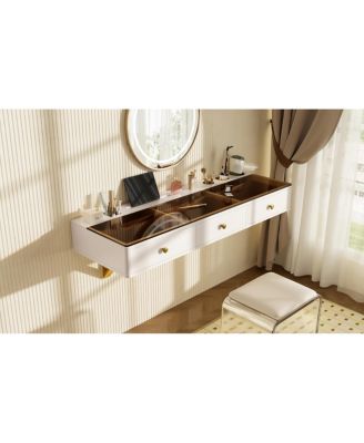 Streamdale 47" Floating Shelf with Drawer, Multi-Purpose Wall-Mounted Vanity Table, White/Golden